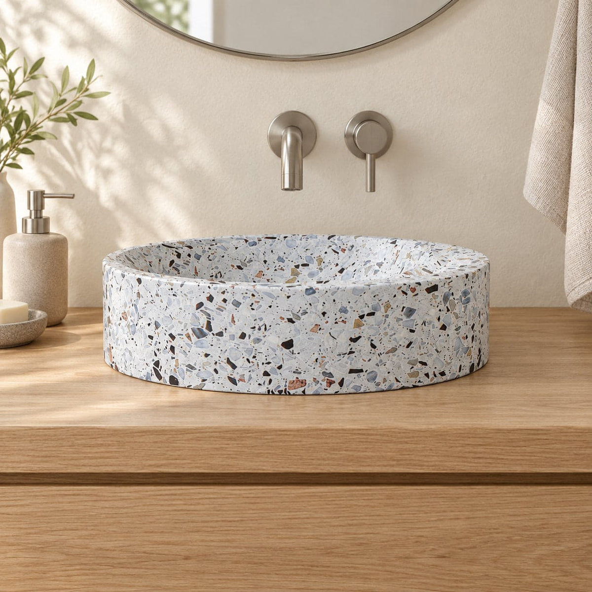 Shahrin Sky Terrazzo Vessel Sink — low frontal bathroom lifestyle