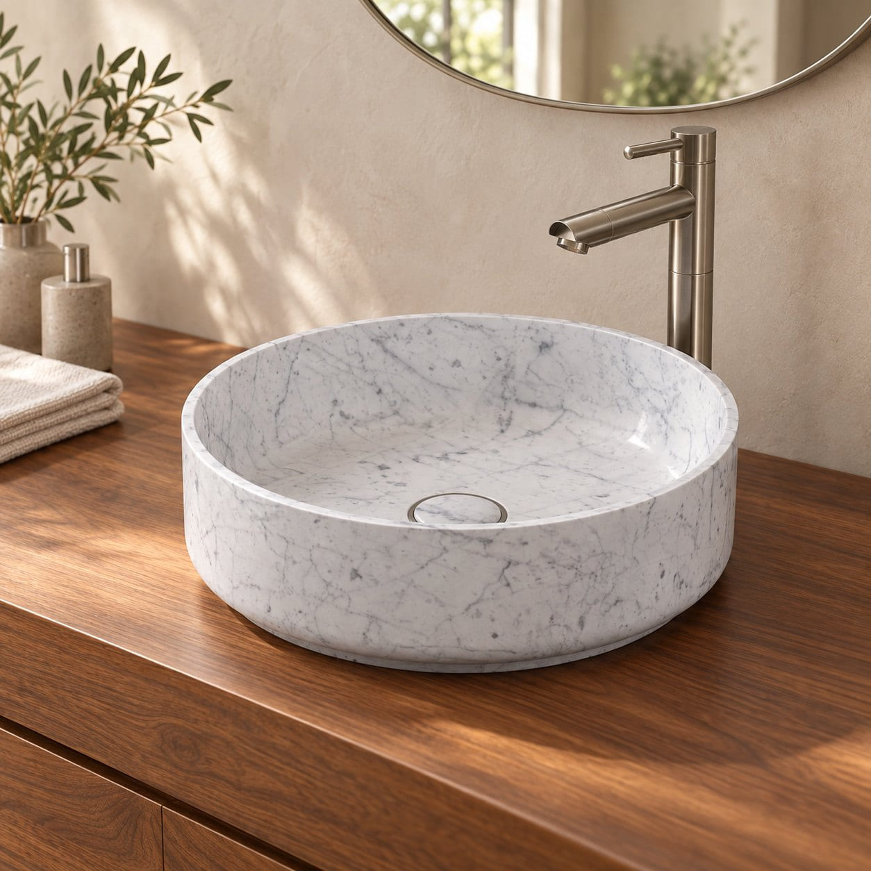 Sonila Carrara Marble Vessel Sink — three-quarter bathroom hero lifestyle