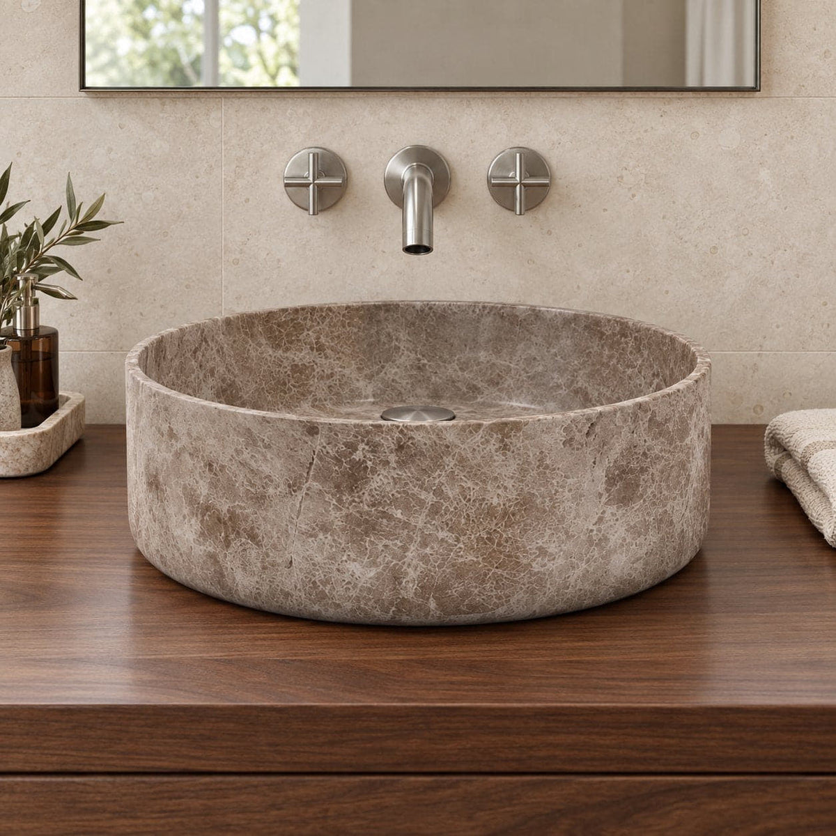 Sorana Dorata Marble Vessel Sink — low frontal bathroom lifestyle