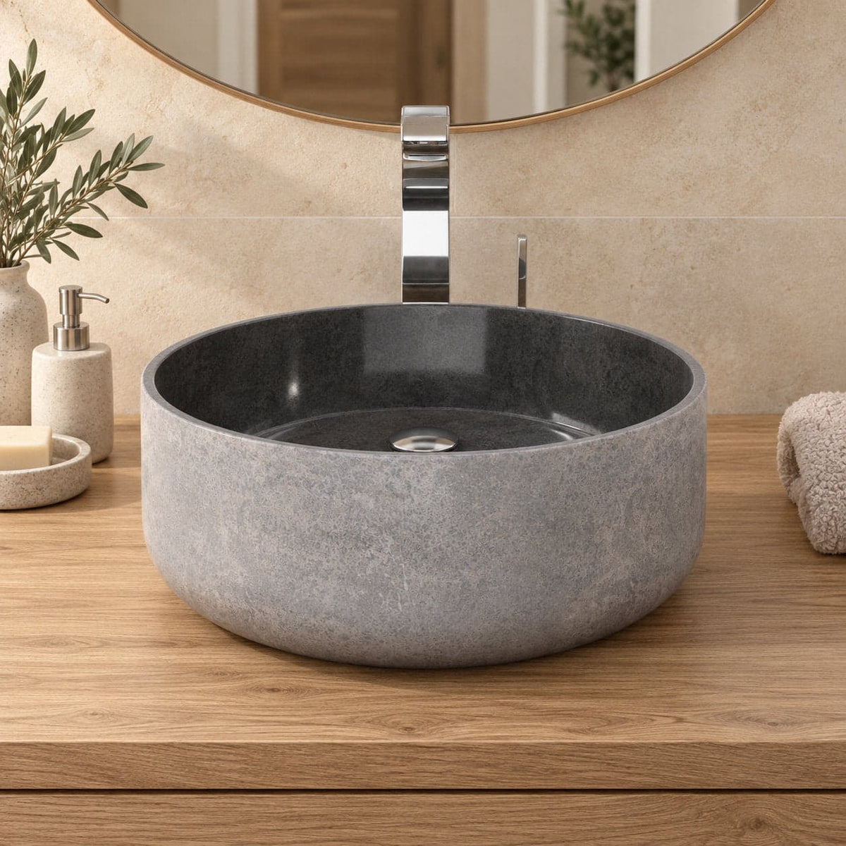 Sorcha Bluestone Vessel Sink — low frontal bathroom lifestyle