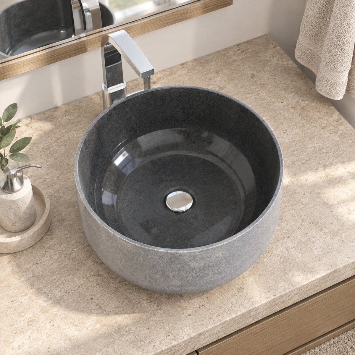 Sorcha Bluestone Vessel Sink — overhead bathroom lifestyle