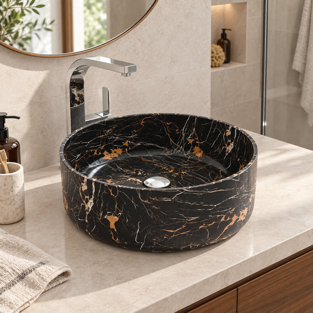 Sorcha Galaxy Marble Vessel Sink — three-quarter bathroom lifestyle