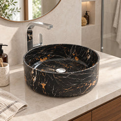 Sorcha Galaxy Marble Vessel Sink — three-quarter bathroom lifestyle