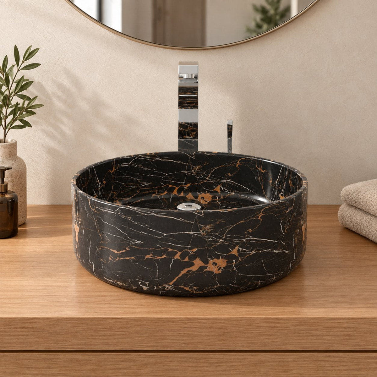 Sorcha Galaxy Marble Vessel Sink — low frontal bathroom lifestyle