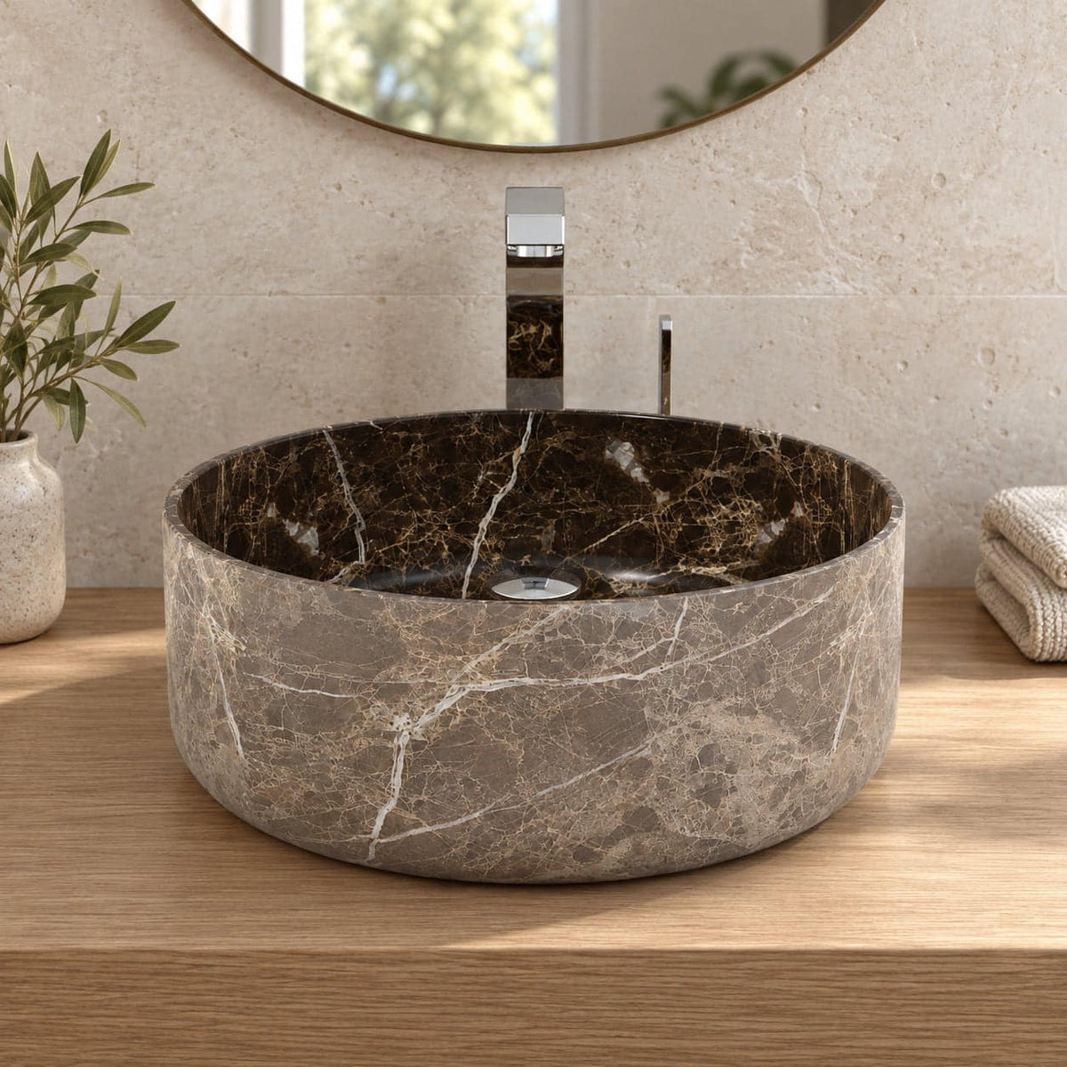 Sorcha Marocca Marble Vessel Sink — low frontal bathroom lifestyle