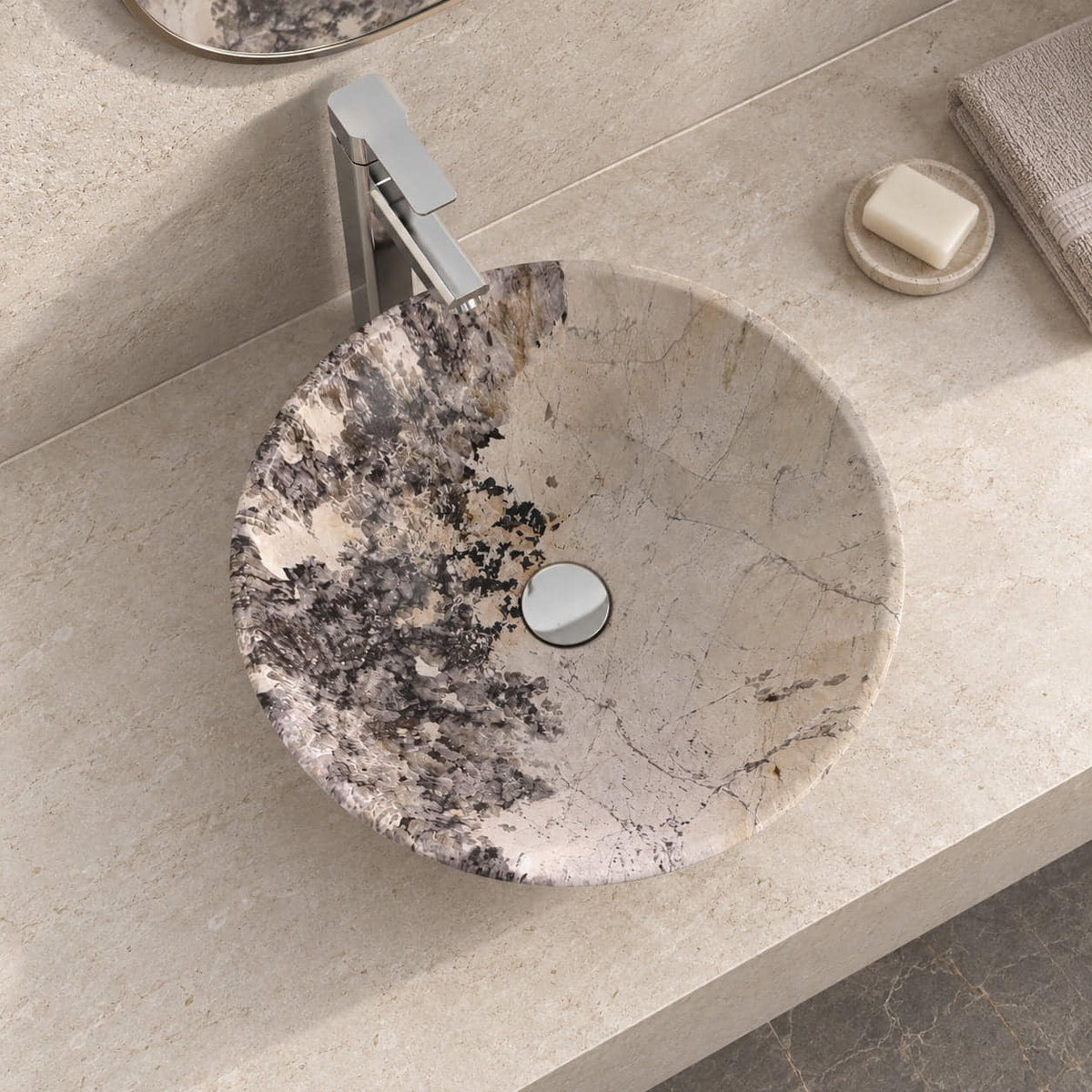 Vinko Pandora Blanc Quartzite Vessel Sink — overhead bathroom lifestyle