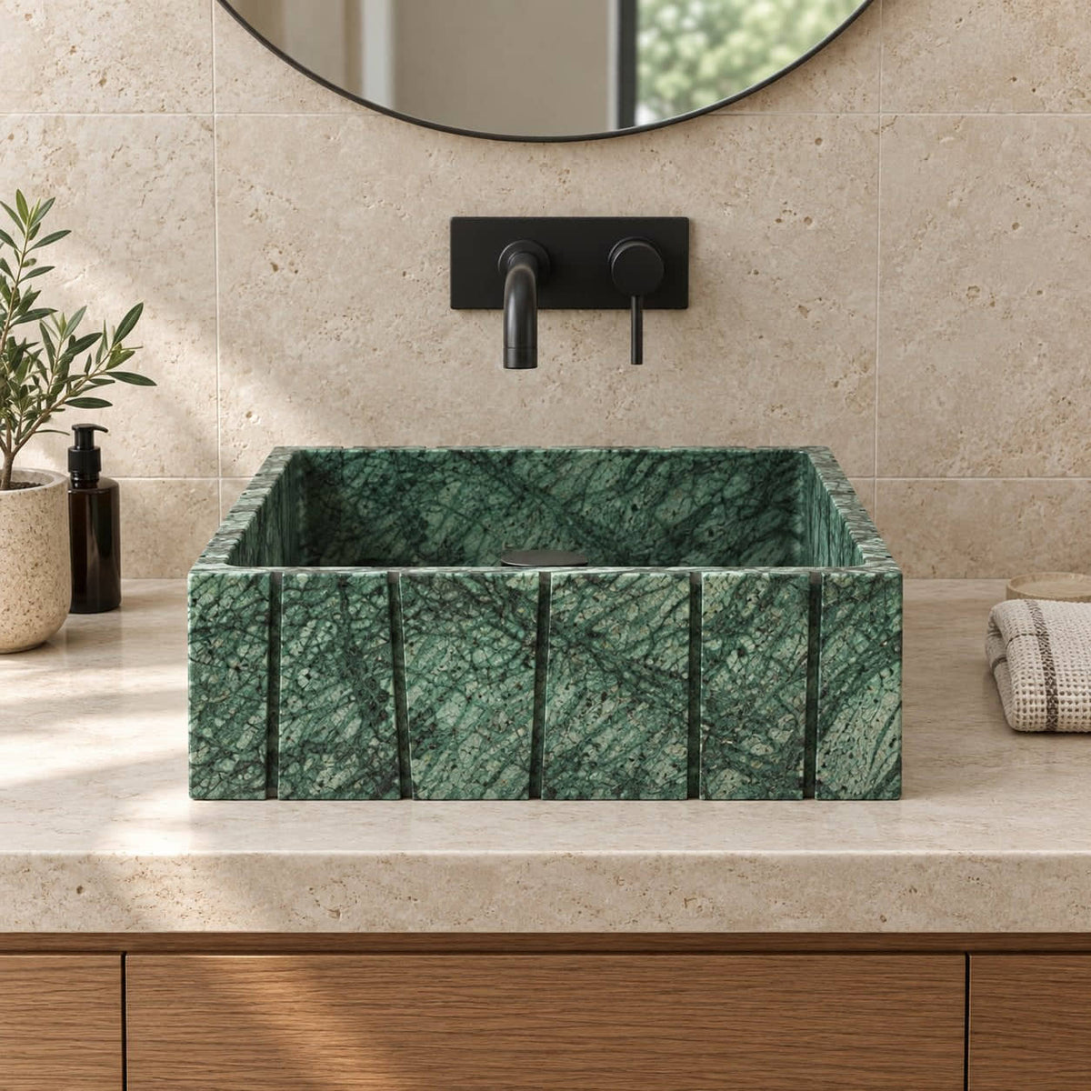 Sabira Tofino Marble Vessel Sink — low frontal bathroom lifestyle