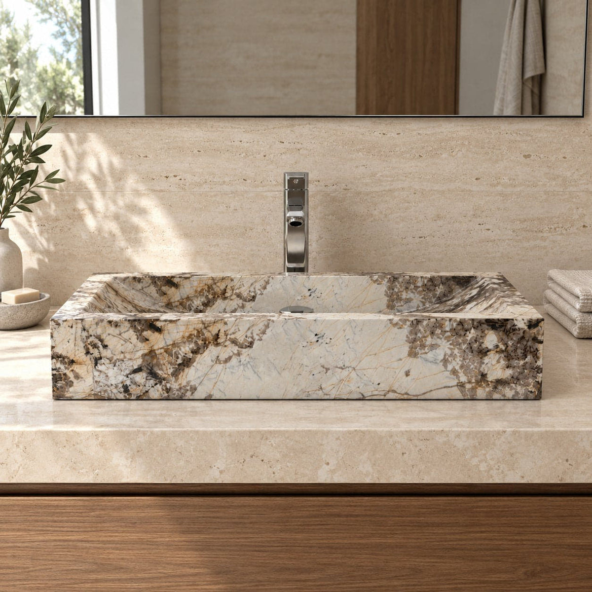 Shafira Pandora Blanc Quartzite Vessel Sink — low frontal bathroom lifestyle