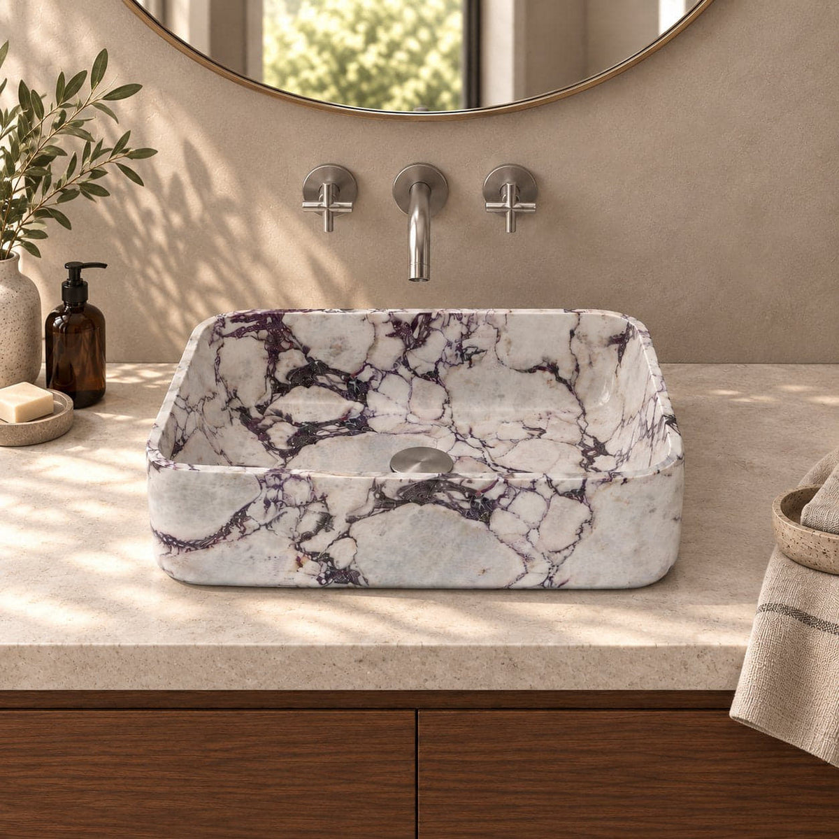 Sookie Calacatta Marble Vessel Sink — low frontal bathroom lifestyle