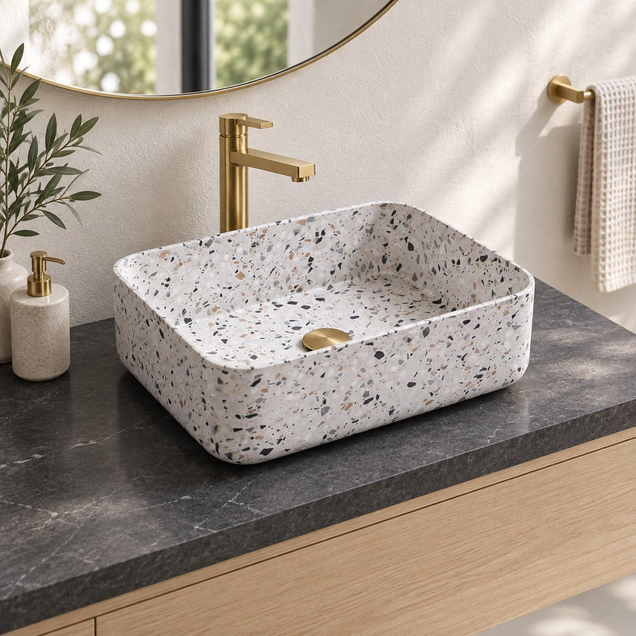 Sookie Sky Terrazzo Vessel Sink — three-quarter bathroom lifestyle