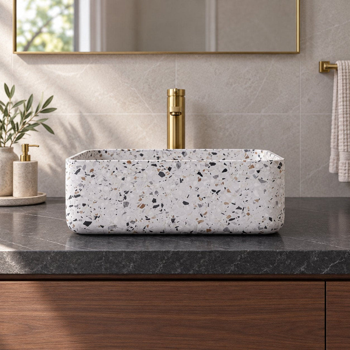 Sookie Sky Terrazzo Vessel Sink — low frontal bathroom lifestyle