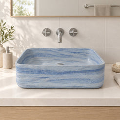 Sookie Azura Blue Quartzite Vessel Sink — low frontal bathroom lifestyle