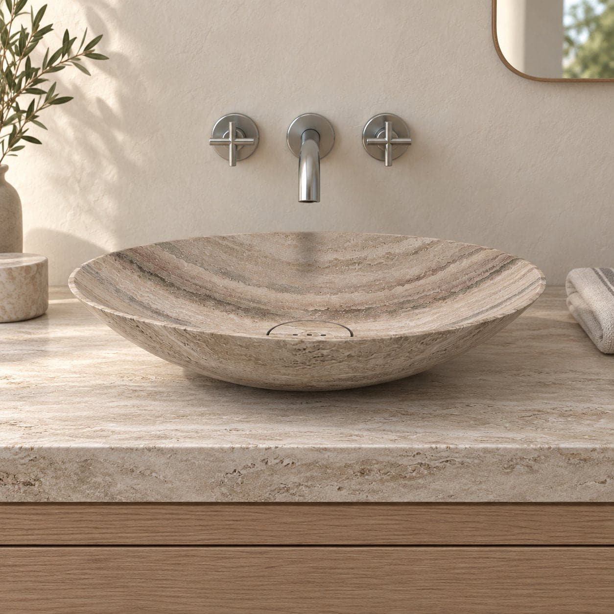 Sadiki Travertino Argento Travertine Vessel Sink — low frontal bathroom lifestyle