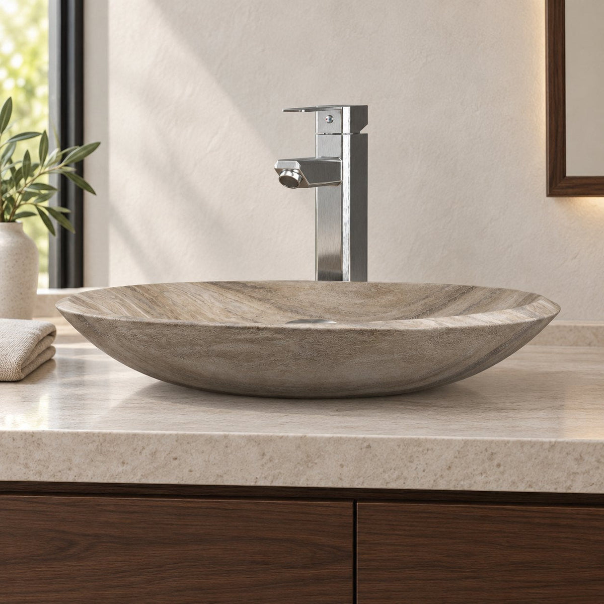 Selita Travertino Argento Travertine Vessel Sink — low frontal bathroom lifestyle