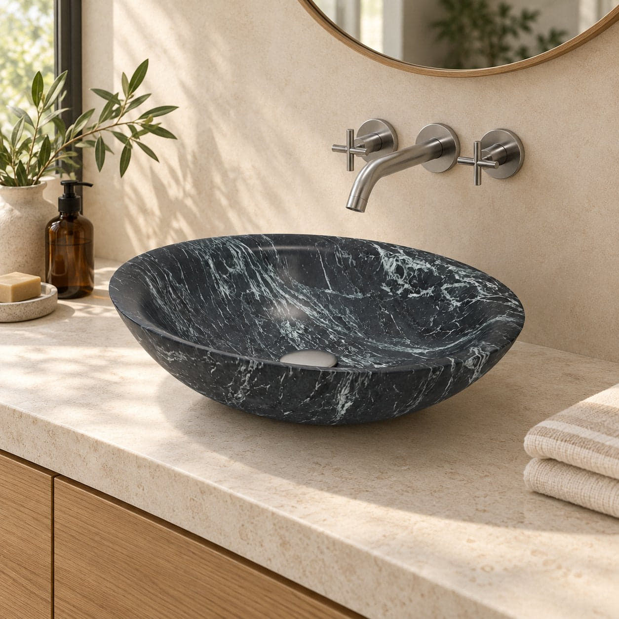 Sooria Verderio Marble Vessel Sink — three-quarter bathroom lifestyle