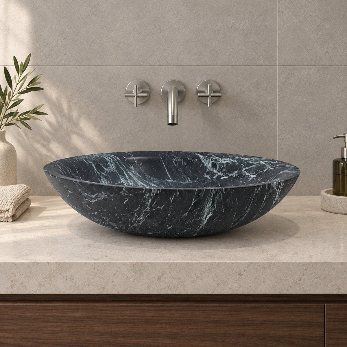 Sooria Verderio Marble Vessel Sink — low frontal bathroom lifestyle