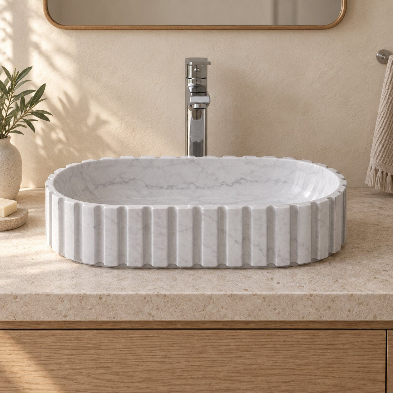 Sylvia Venice Marble Vessel Sink — low frontal bathroom lifestyle