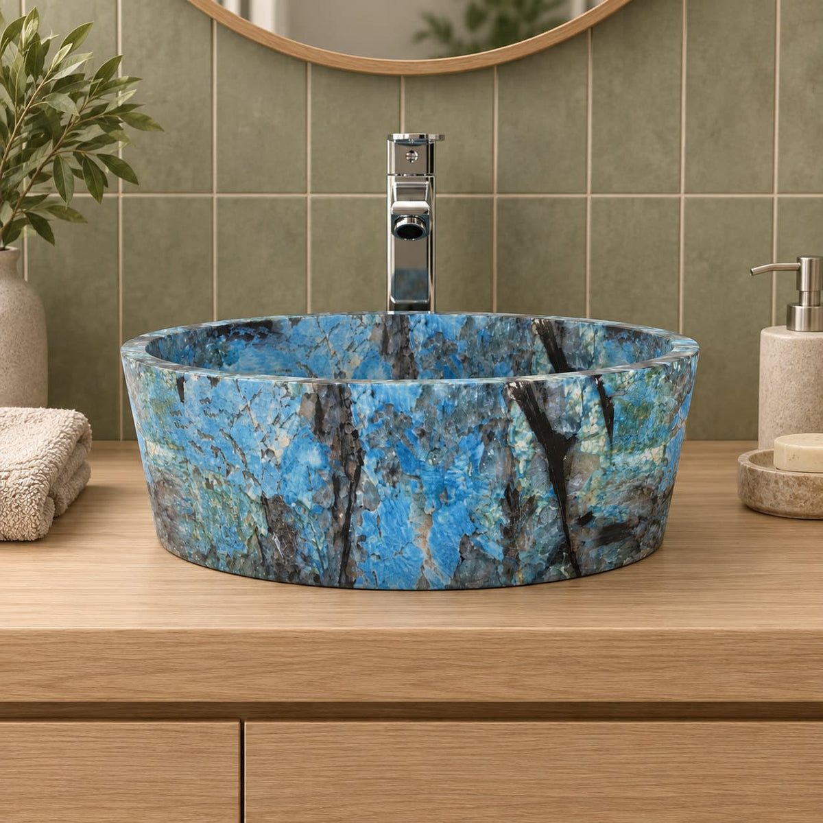 Sauri Danube Blue Quartzite Vessel Sink — low frontal bathroom lifestyle