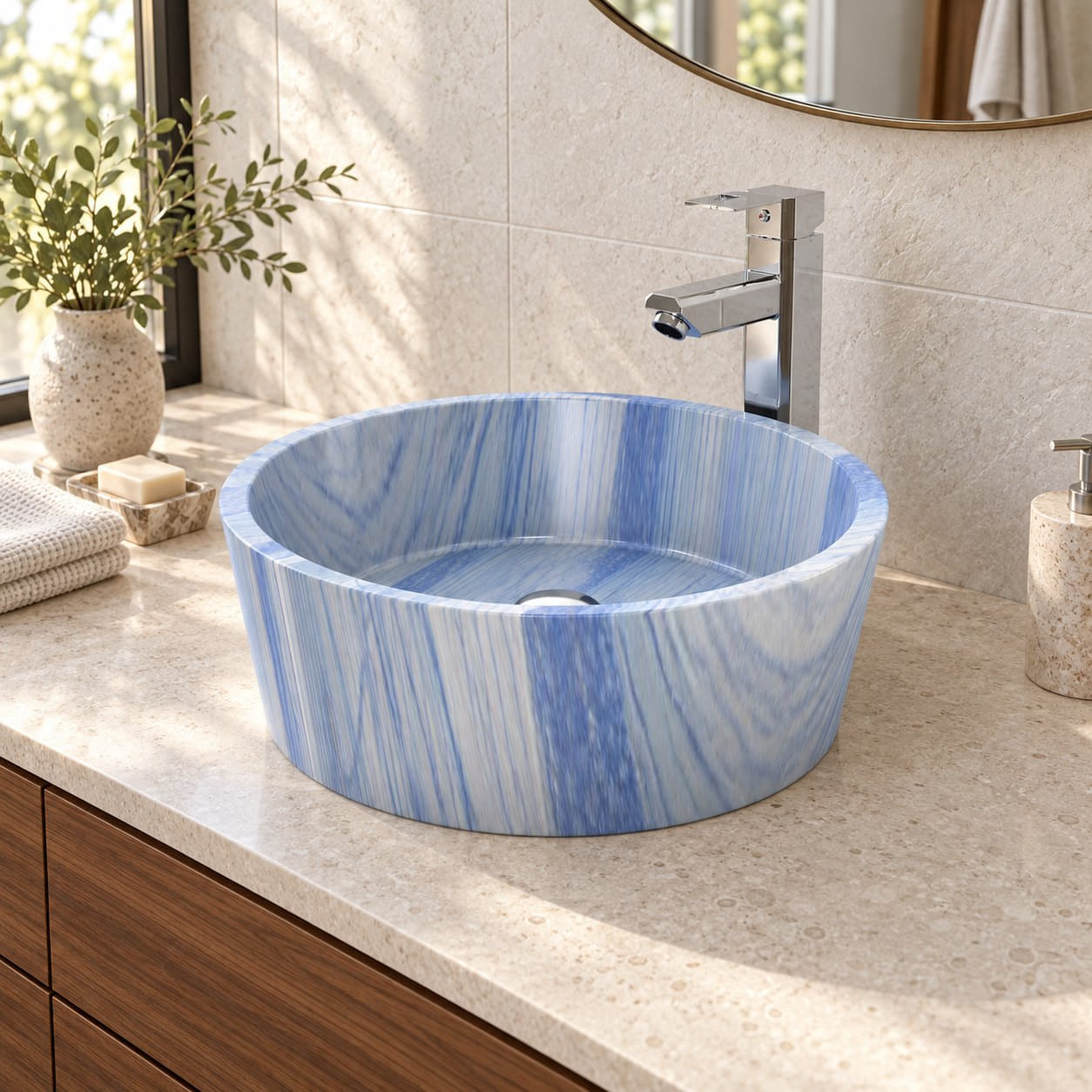 Sauri Azura Blue Quartzite Vessel Sink — three-quarter bathroom lifestyle