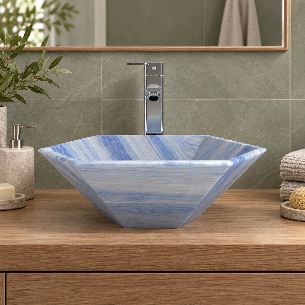 Scarlet Azura Blue Quartzite Vessel Sink — low frontal bathroom lifestyle
