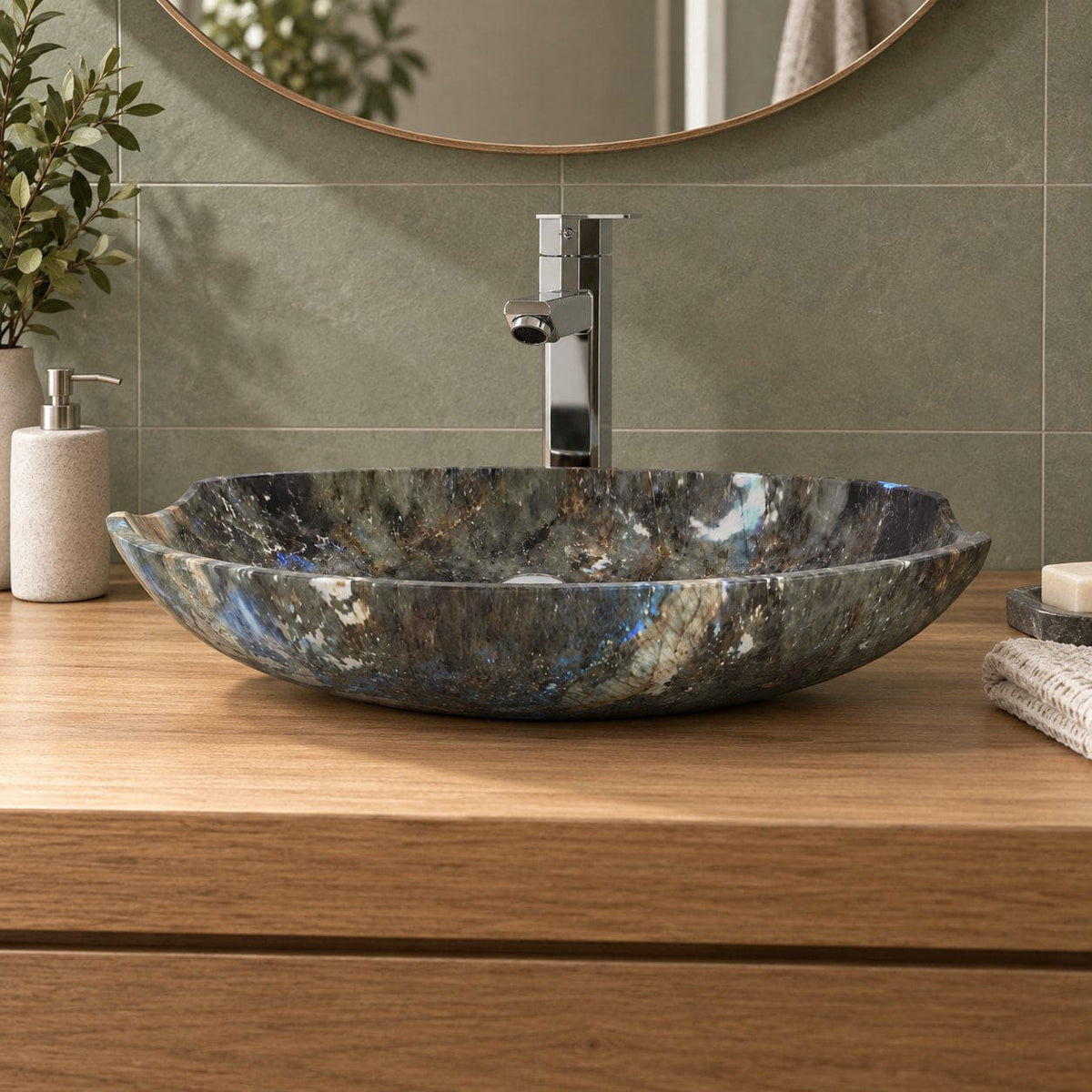 Shabu Celestia Blue Quartzite Vessel Sink — low frontal bathroom lifestyle