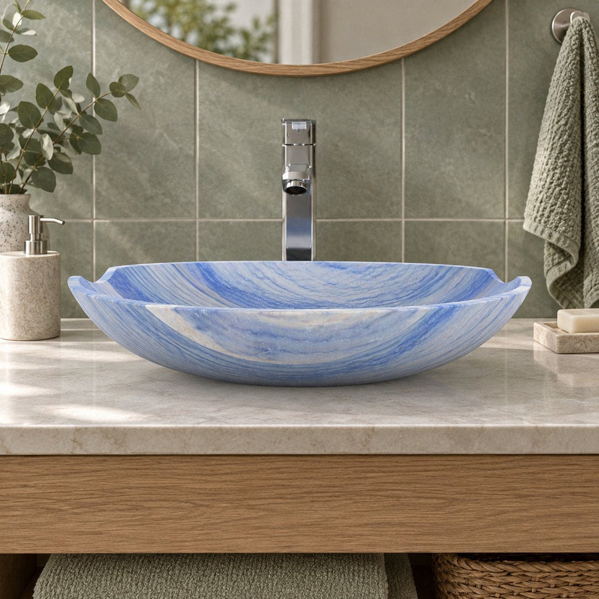 Shabu Azura Blue Quartzite Vessel Sink — low frontal bathroom lifestyle