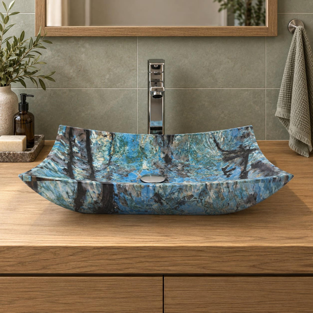 Shachi Danube Blue Quartzite Vessel Sink — low frontal bathroom lifestyle