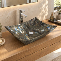 Shachi Celestia Blue Quartzite Vessel Sink — three-quarter bathroom lifestyle