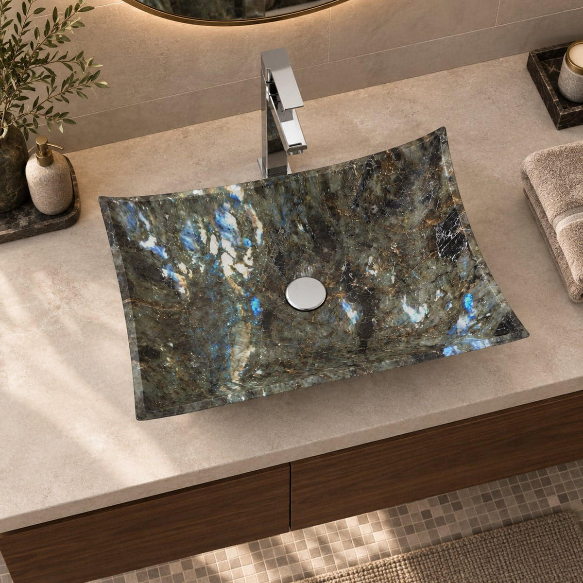 Shachi Celestia Blue Quartzite Vessel Sink — overhead bathroom lifestyle