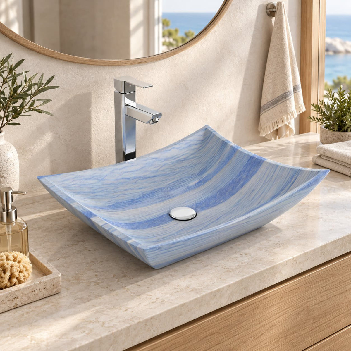 Shachi Azura Blue Quartzite Vessel Sink — three-quarter bathroom lifestyle