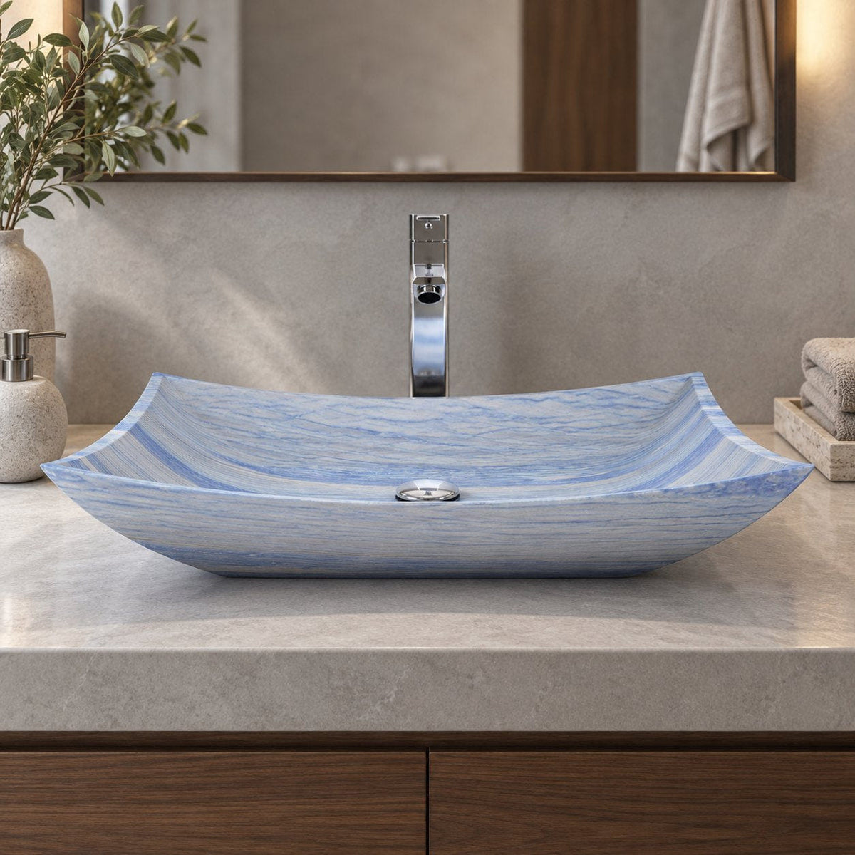 Shachi Azura Blue Quartzite Vessel Sink — low frontal bathroom lifestyle