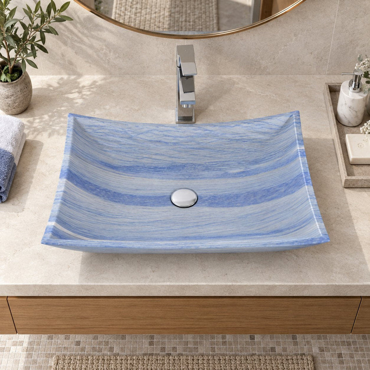 Shachi Azura Blue Quartzite Vessel Sink — overhead bathroom lifestyle
