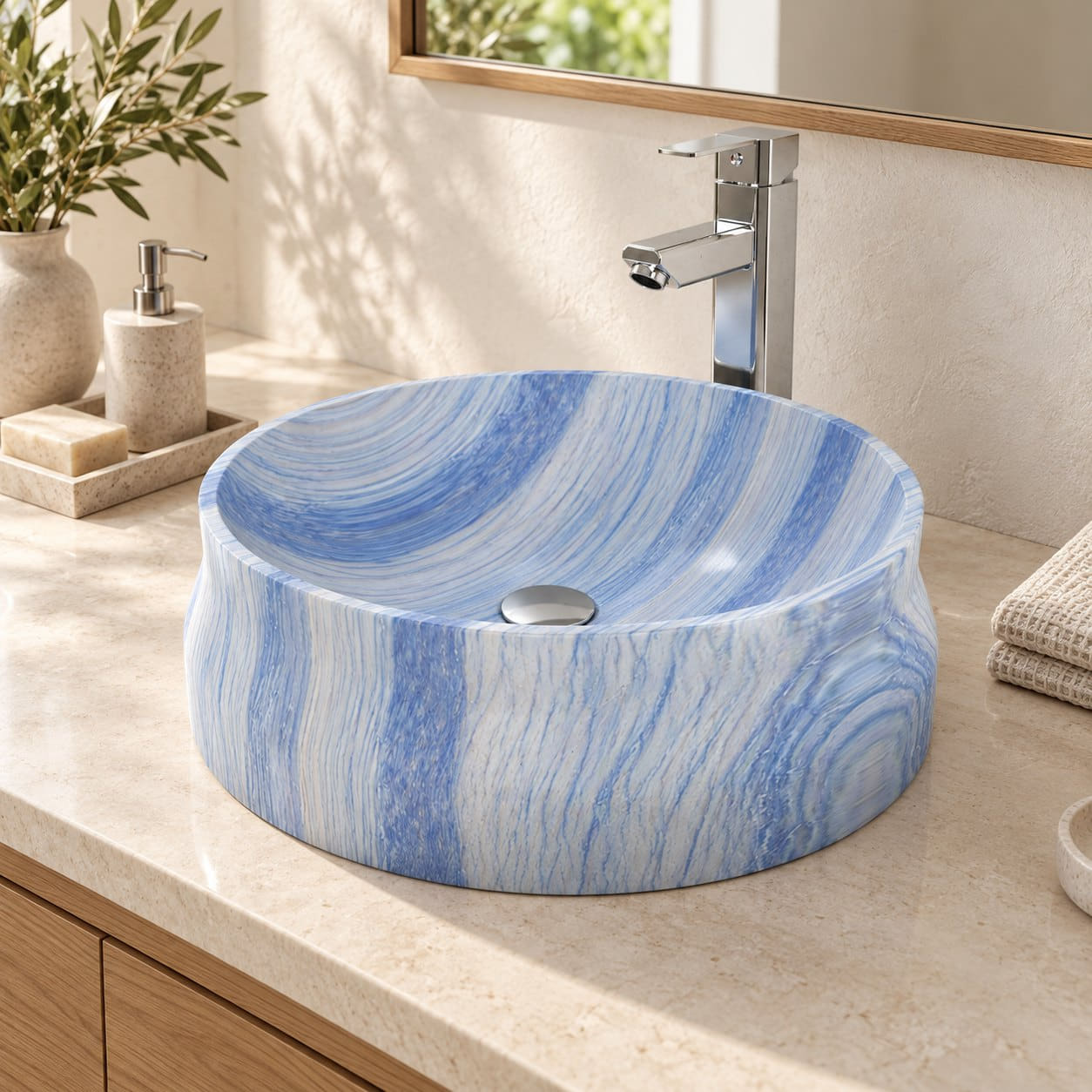 Shada Azura Blue Quartzite Vessel Sink — three-quarter bathroom lifestyle