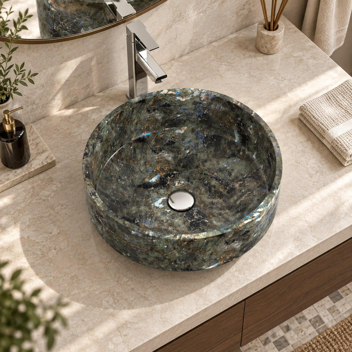 Shadi Celestia Blue Quartzite Vessel Sink — overhead bathroom lifestyle