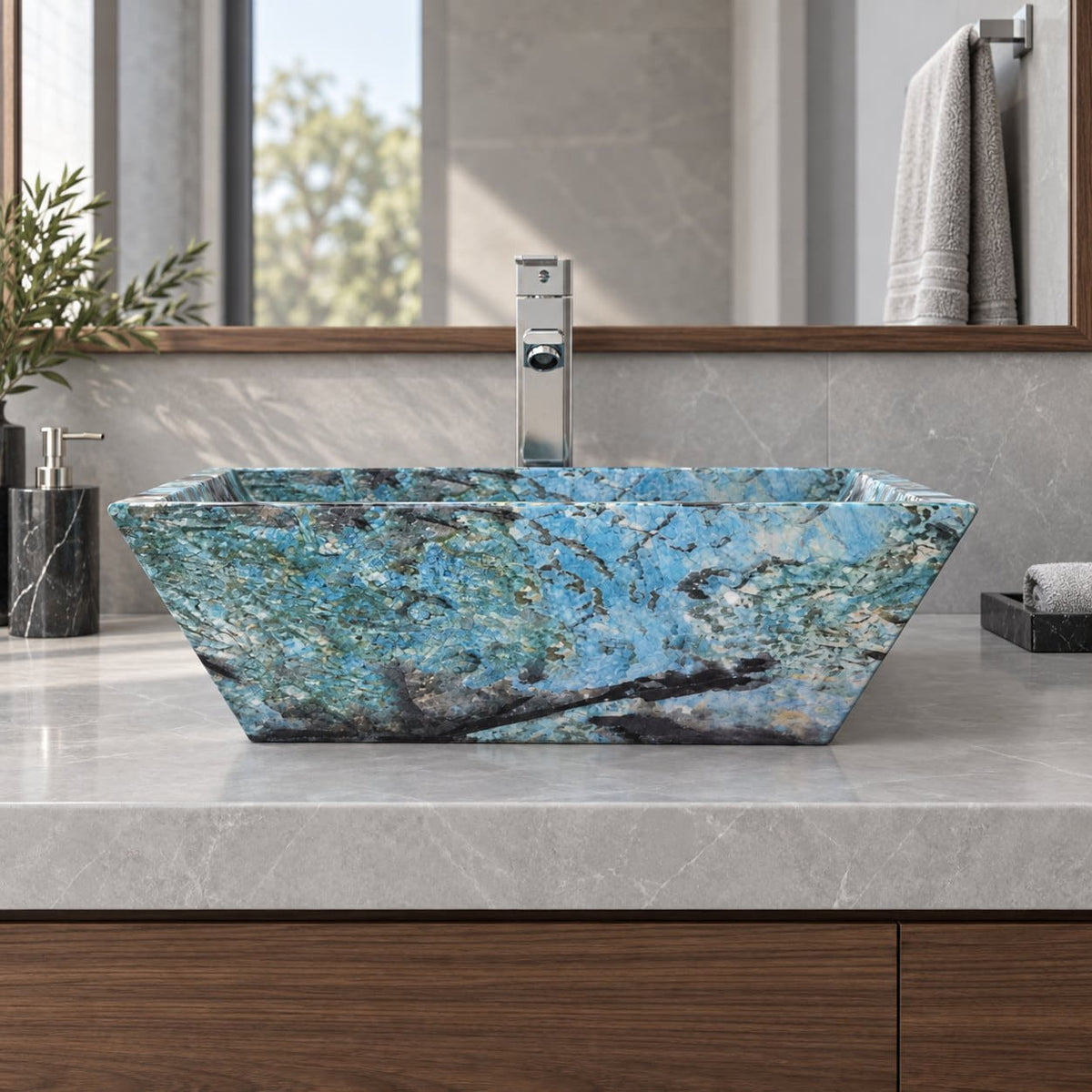 Shadiya Danube Blue Quartzite Vessel Sink — low frontal bathroom lifestyle