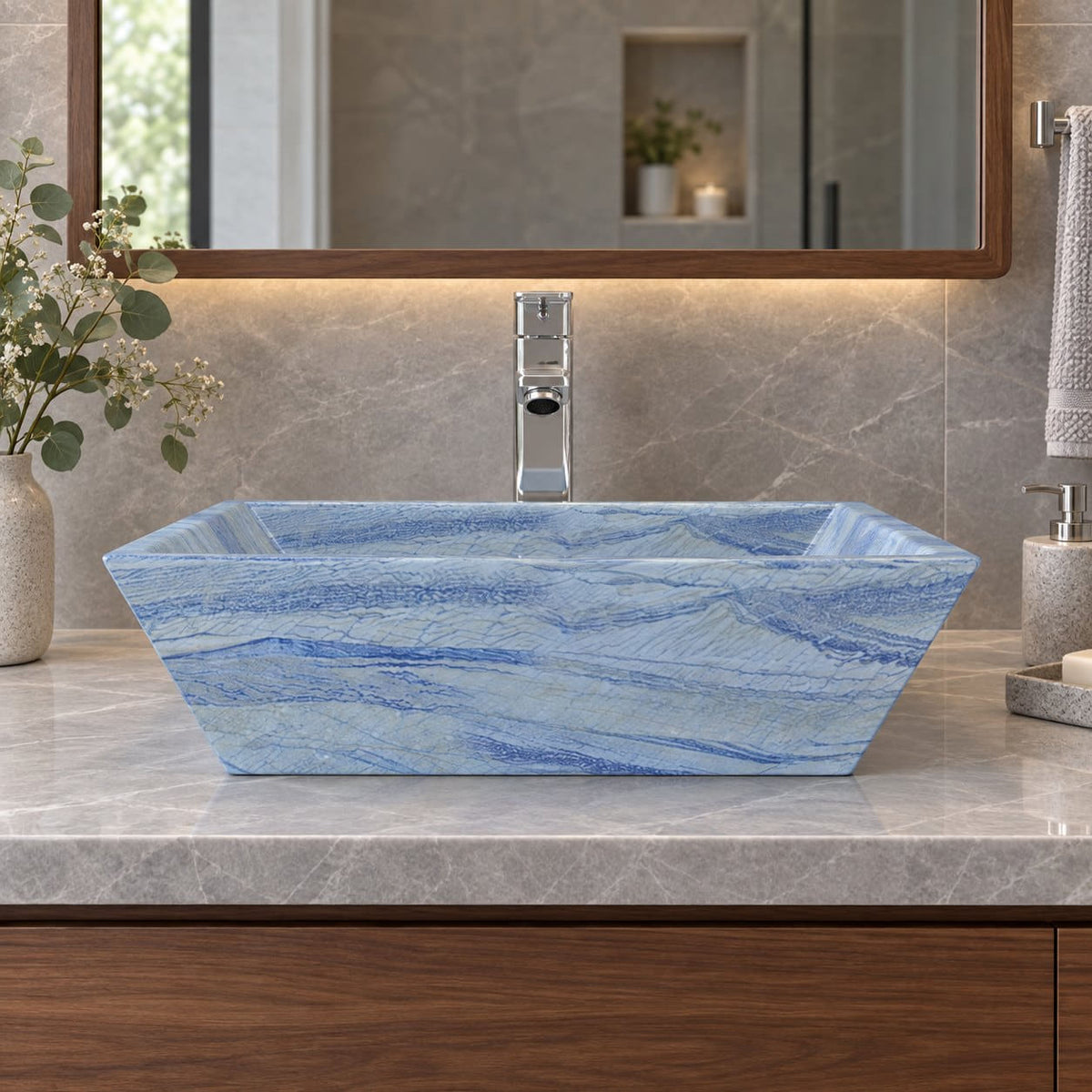 Shadiya Azura Blue Quartzite Vessel Sink — low frontal bathroom lifestyle