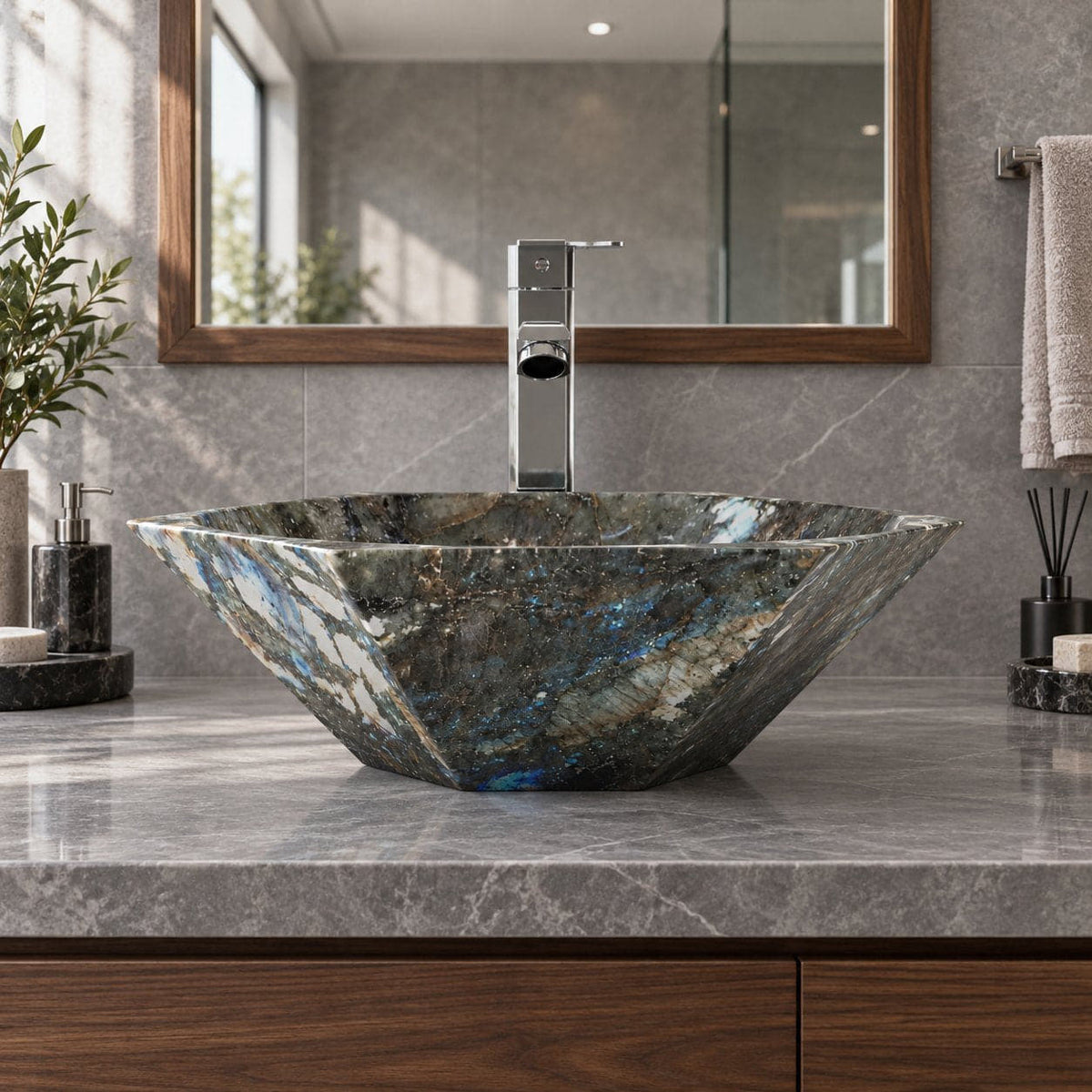 Shadley Celestia Blue Quartzite Vessel Sink — low frontal bathroom lifestyle