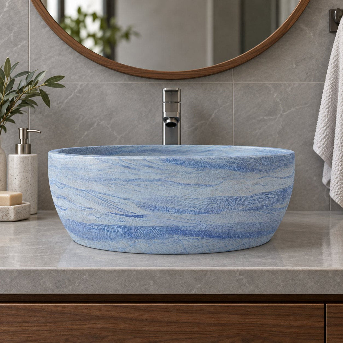 Shaia Azura Blue Quartzite Vessel Sink — low frontal bathroom lifestyle