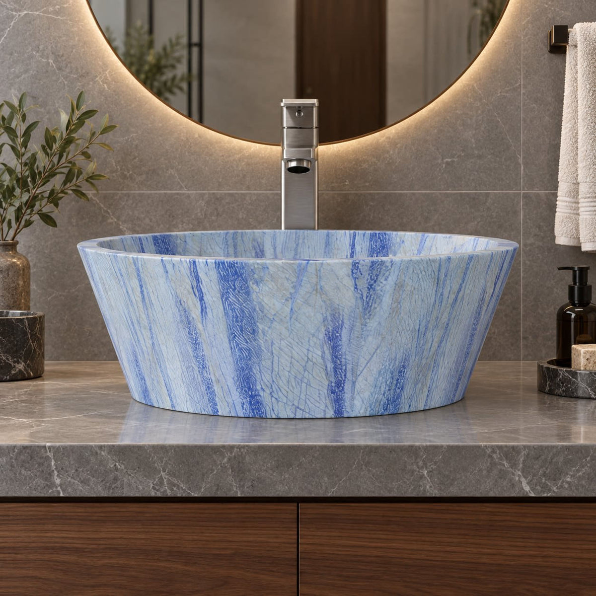 Souri Azura Blue Quartzite Vessel Sink — low frontal bathroom lifestyle