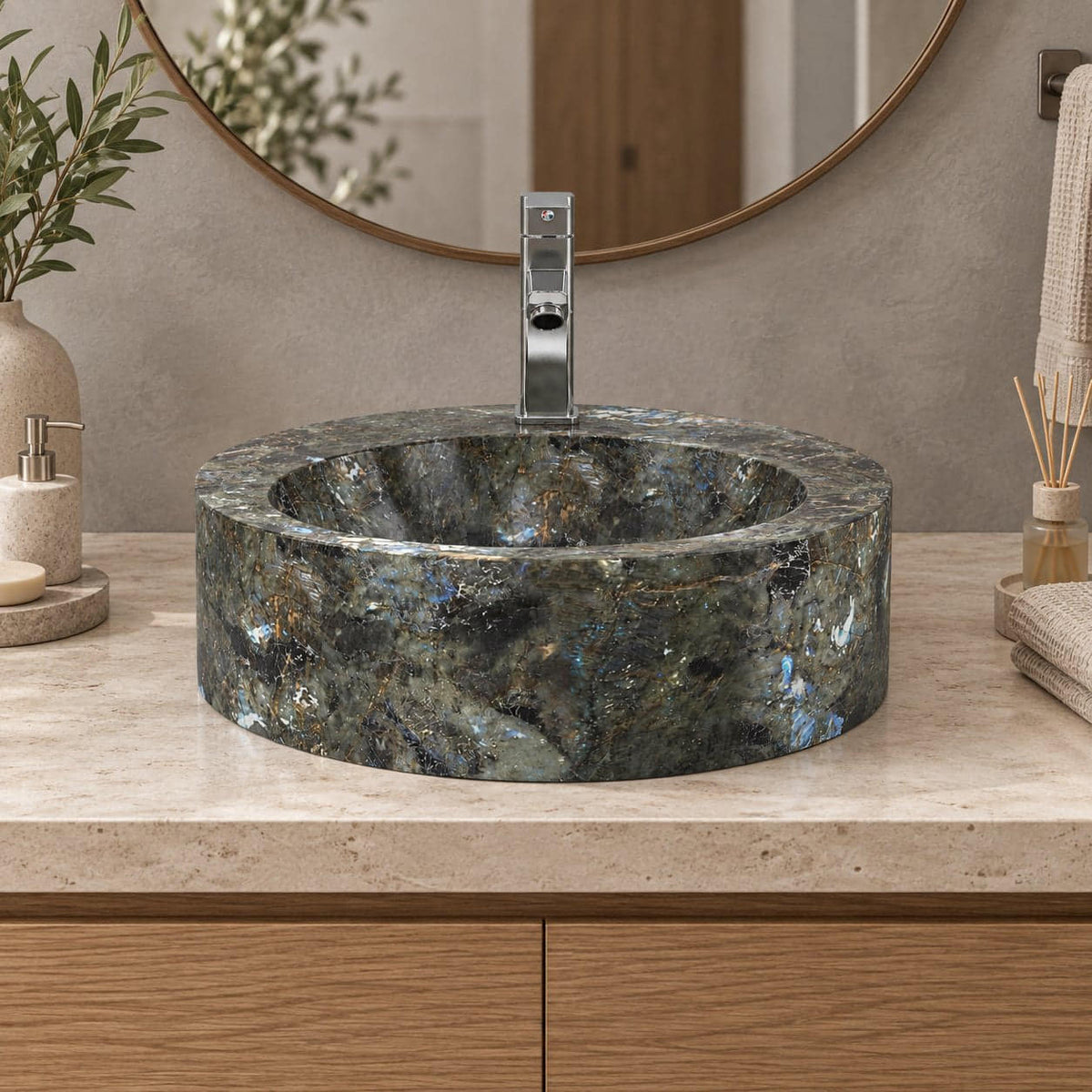 Shafia Celestia Blue Quartzite Vessel Sink — low frontal bathroom lifestyle