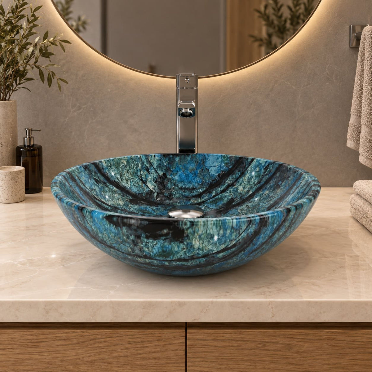 Vinko Danube Blue Quartzite Vessel Sink — low frontal bathroom lifestyle