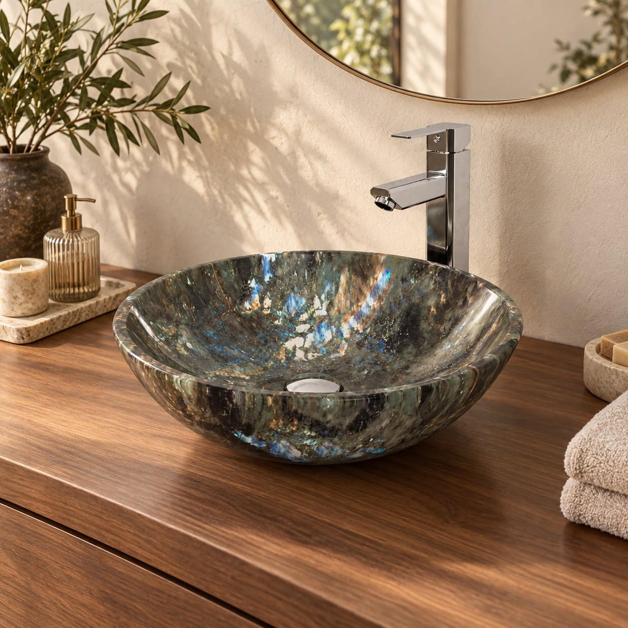 Vinko Celestia Blue Quartzite Vessel Sink — three-quarter bathroom lifestyle