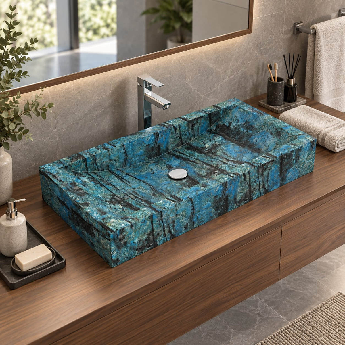 Shafira Danube Blue Quartzite Vessel Sink — three-quarter bathroom lifestyle