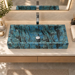 Shafira Danube Blue Quartzite Vessel Sink — overhead bathroom lifestyle