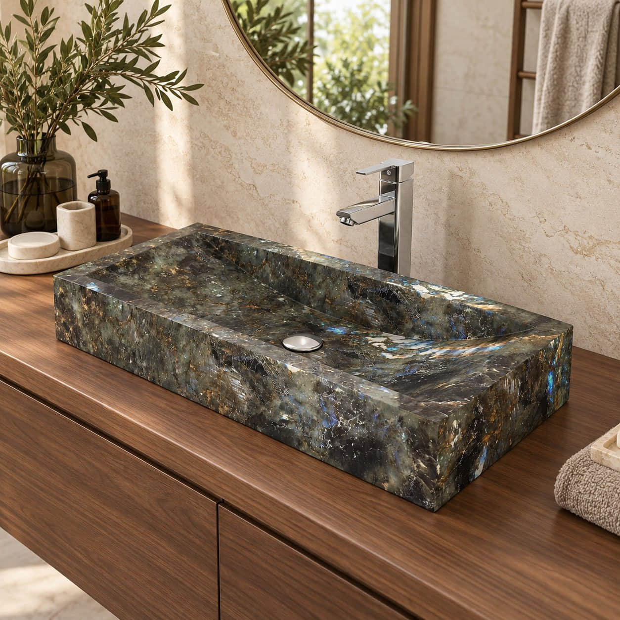 Shafira Celestia Blue Quartzite Vessel Sink — three-quarter bathroom lifestyle
