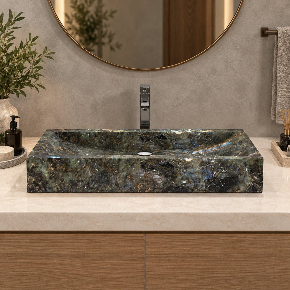 Shafira Celestia Blue Quartzite Vessel Sink — low frontal bathroom lifestyle