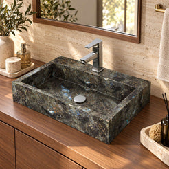 Shafna Celestia Blue Quartzite Vessel Sink — three-quarter bathroom lifestyle