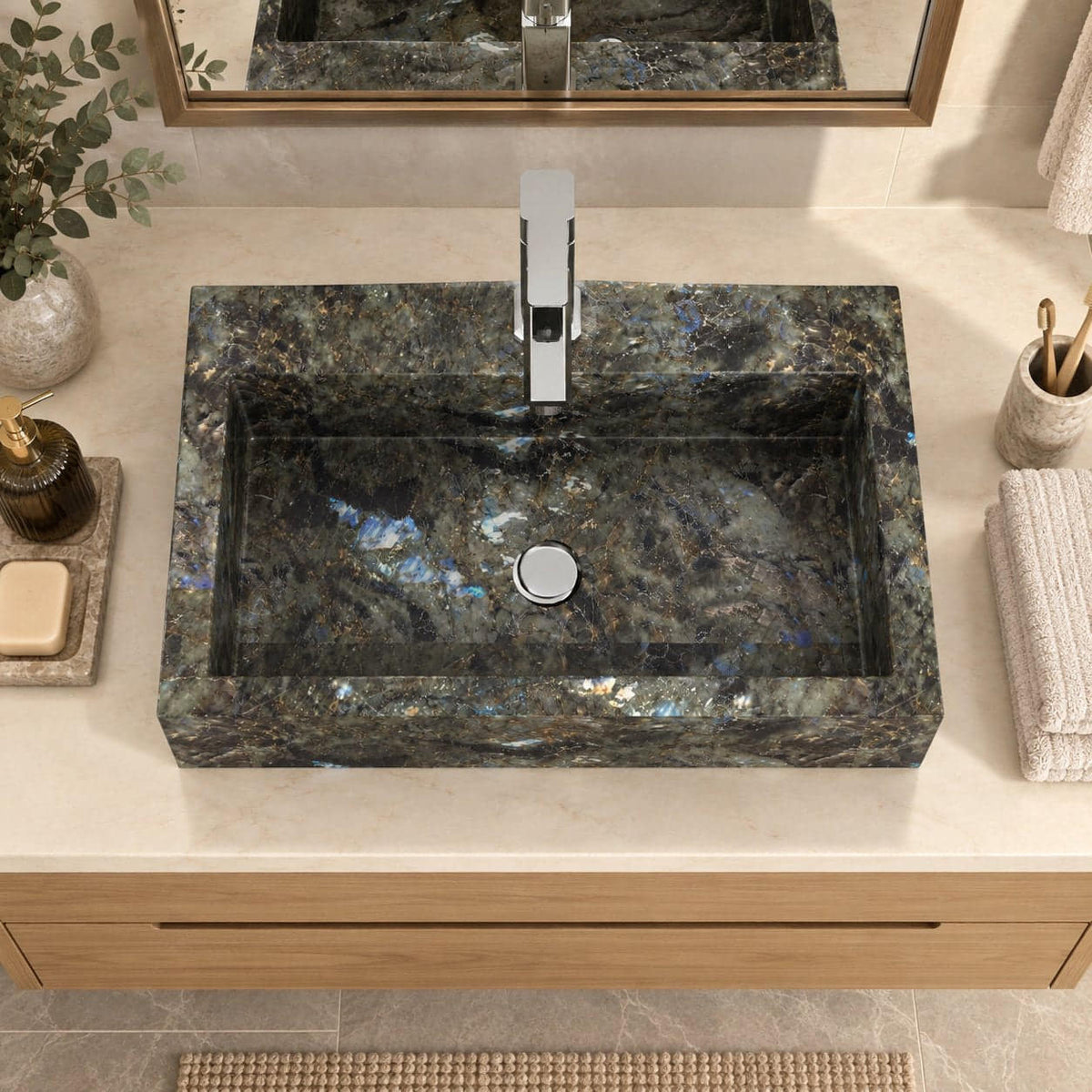 Shafna Celestia Blue Quartzite Vessel Sink — overhead bathroom lifestyle