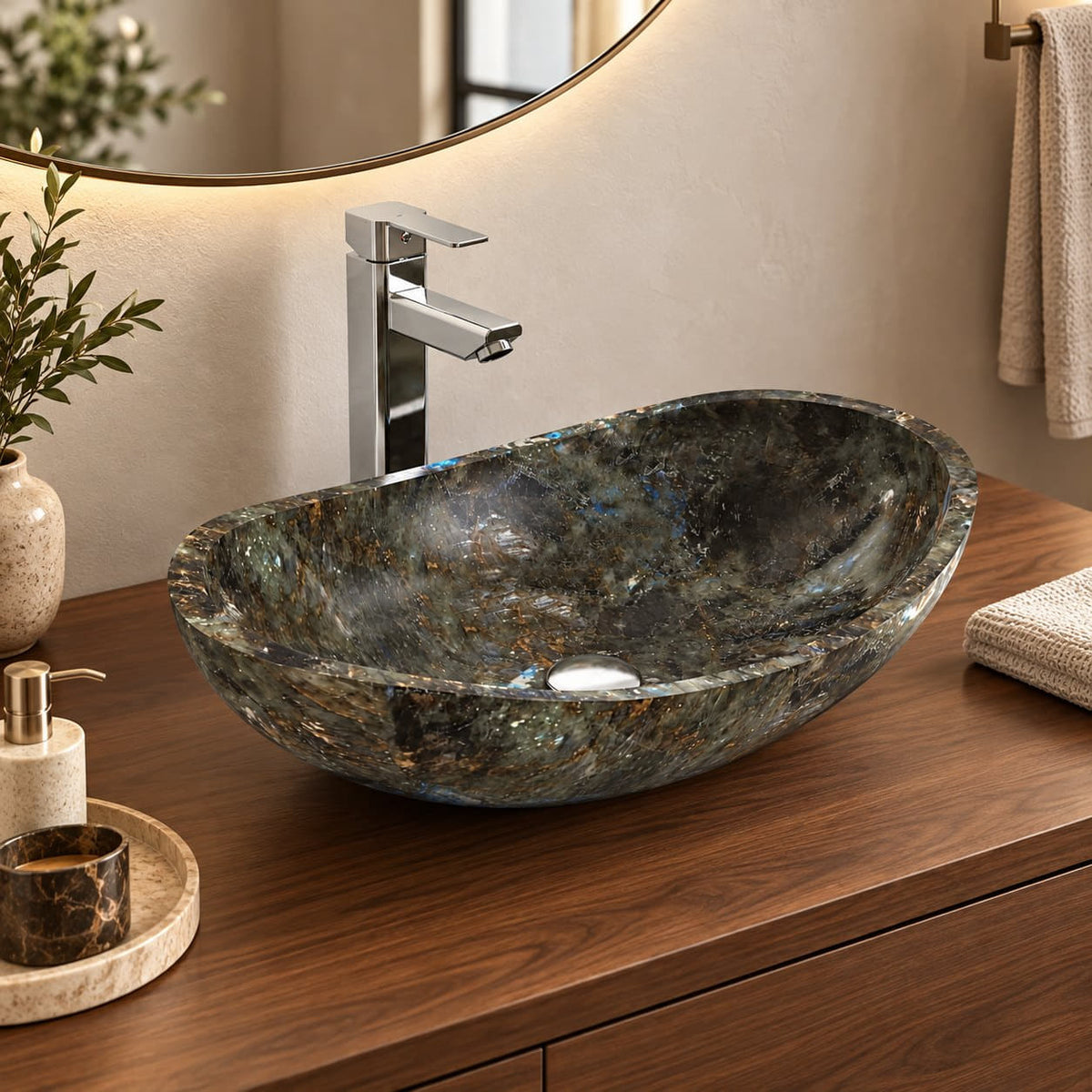 Spirit Celestia Blue Quartzite Vessel Sink — three-quarter bathroom lifestyle