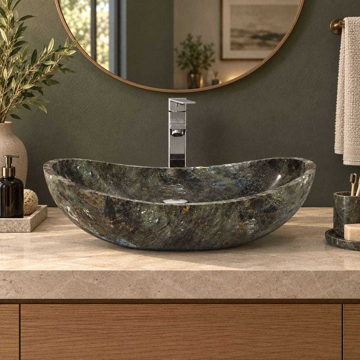 Spirit Celestia Blue Quartzite Vessel Sink — low frontal bathroom lifestyle